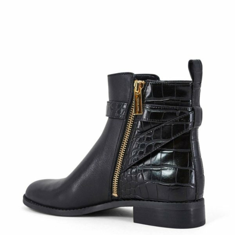 Michael Kors MK Farrah Flat Black Gold Leather Ankle Riding Boots Size 9 - Picture 3 of 7